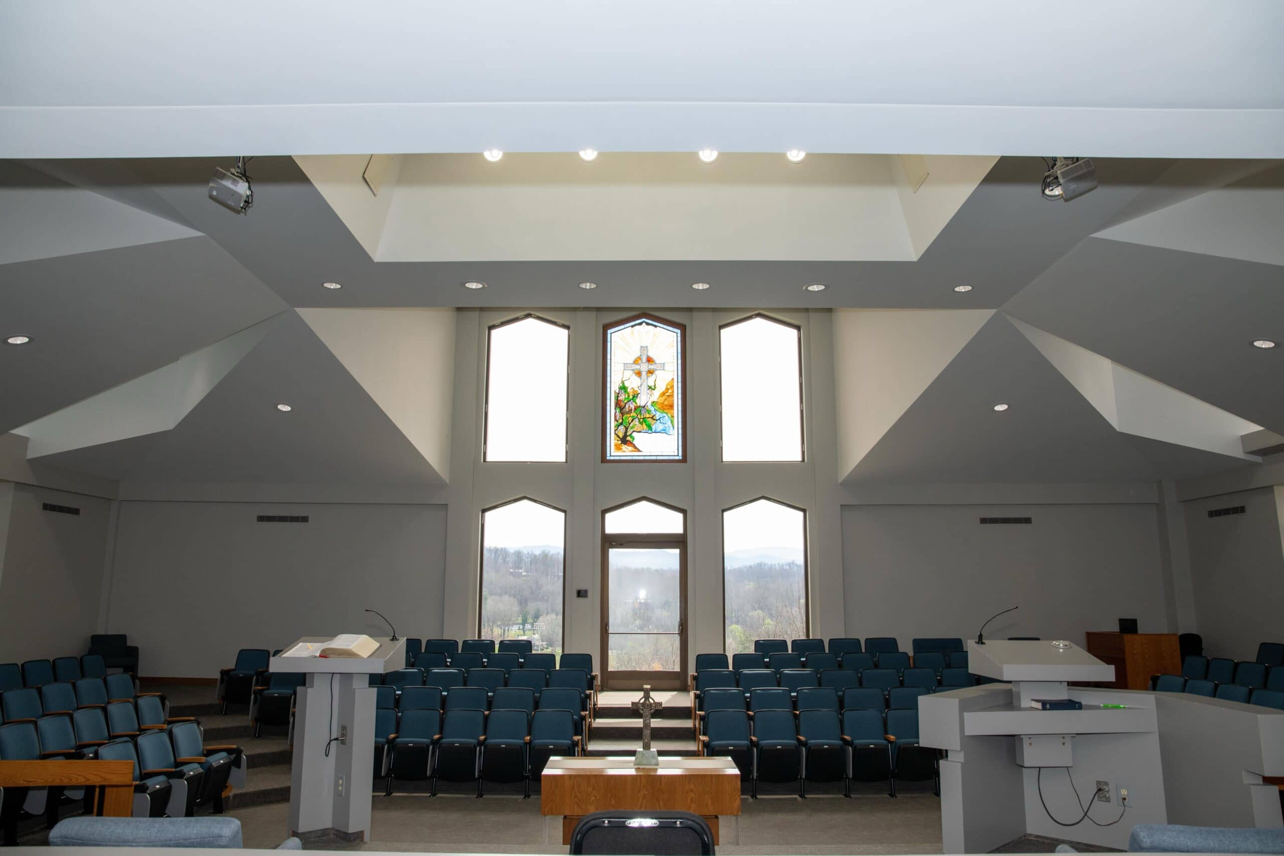 Emmanuel Chapel inside with stained glass window